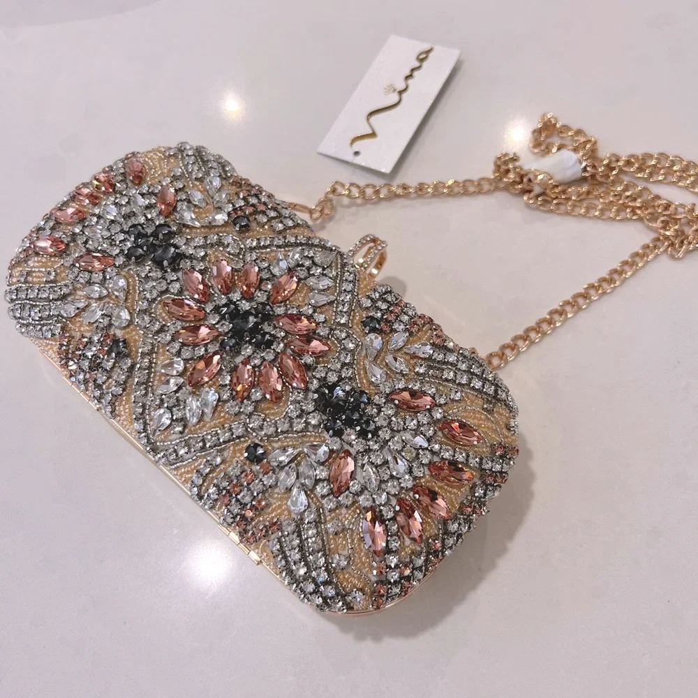 Nina Crystal Embellished Minaudiere Gelsey Clutch/Crossbody Chain Bag - Picture 2 of 15
